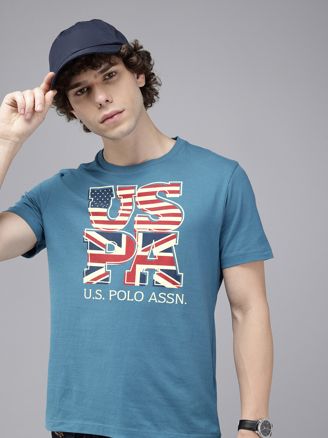 

U.S. Polo Assn. Denim Co. Pure Cotton Brand Logo Printed Slim Fit T-shirt, Blue