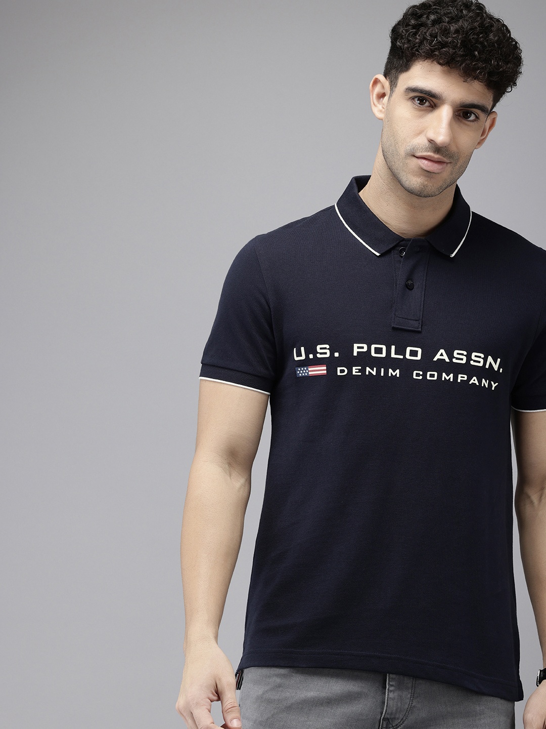 

U.S. Polo Assn. Denim Co. Pure Cotton Brand Logo Printed Polo Collar Slim Fit T-shirt, Navy blue