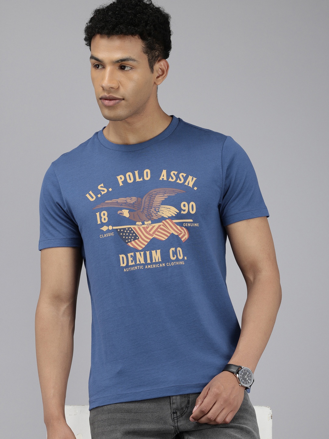 

U.S. Polo Assn. Denim Co. Pure Cotton Brand Logo Printed Slim Fit T-shirt, Blue