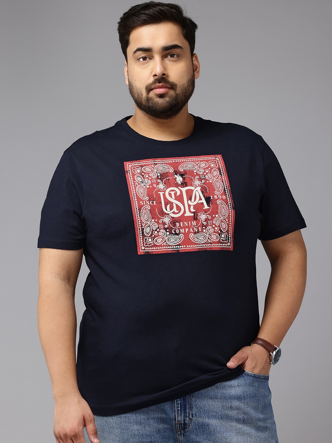 

U.S. Polo Assn. Denim Co. Plus Size Brand Logo Print Pure Cotton Slim Fit T-shirt, Navy blue