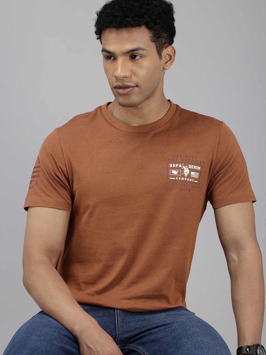 

U.S. Polo Assn. Denim Co. Brand Logo Printed Pure Cotton Slim Fit T-shirt, Brown