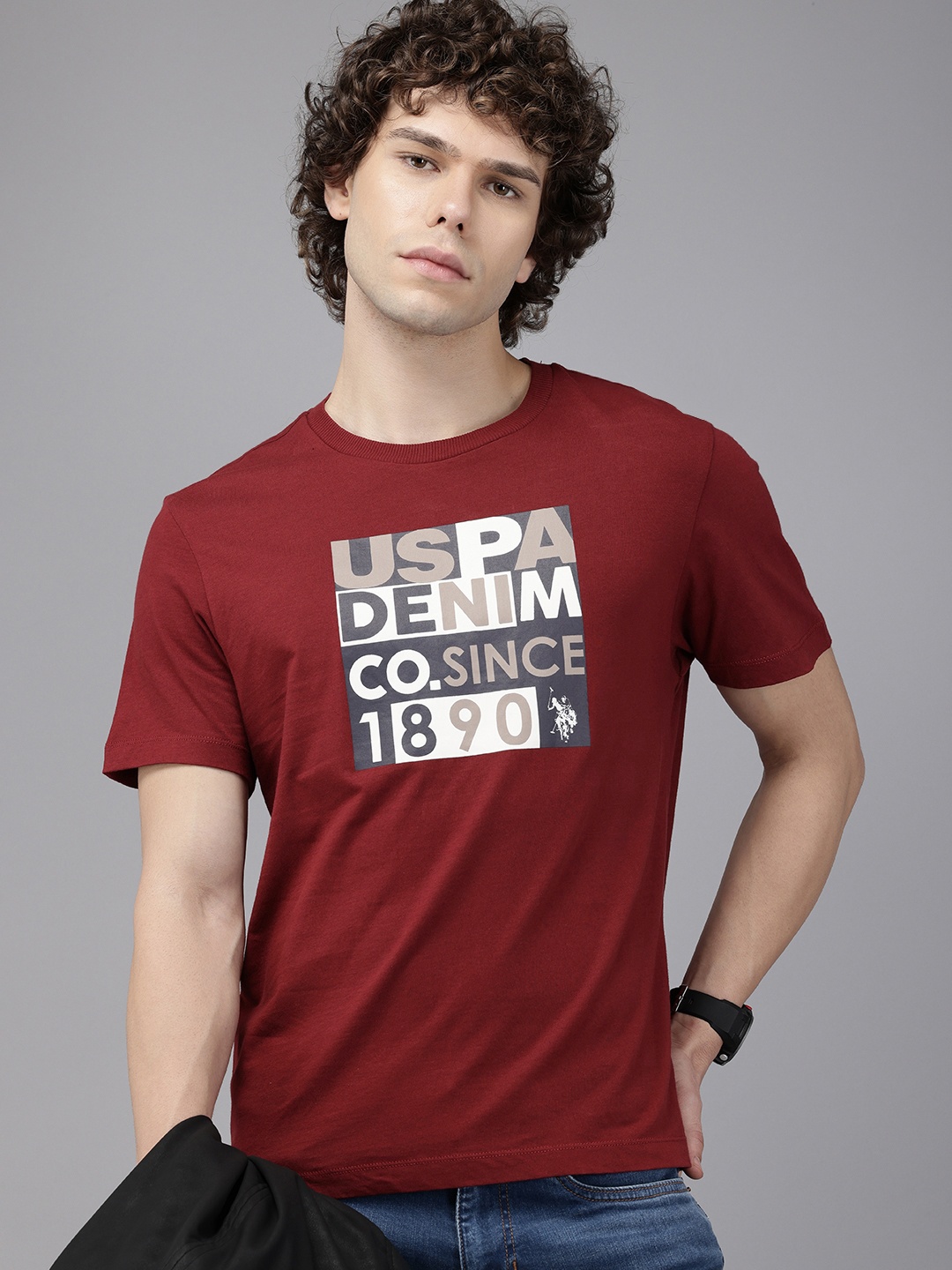 

U.S. Polo Assn. Denim Co. Brand Logo Printed Pure Cotton Slim Fit T-shirt, Maroon