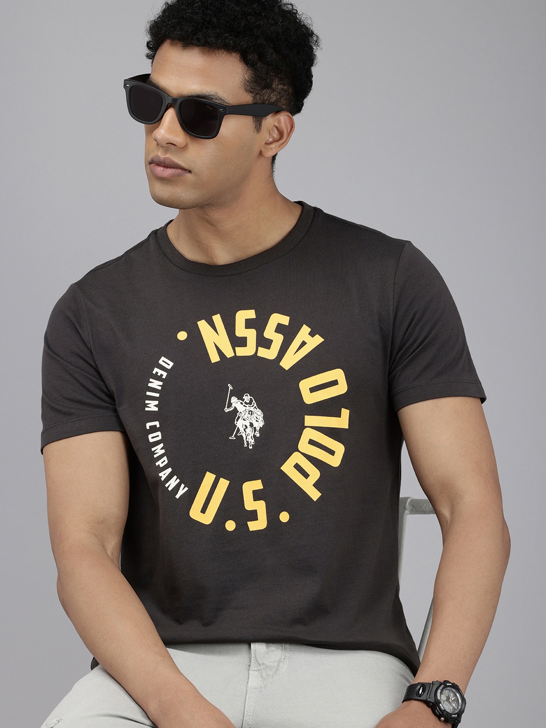 

U.S. Polo Assn. Denim Co. Brand Logo Printed Pure Cotton Slim Fit T-shirt, Grey