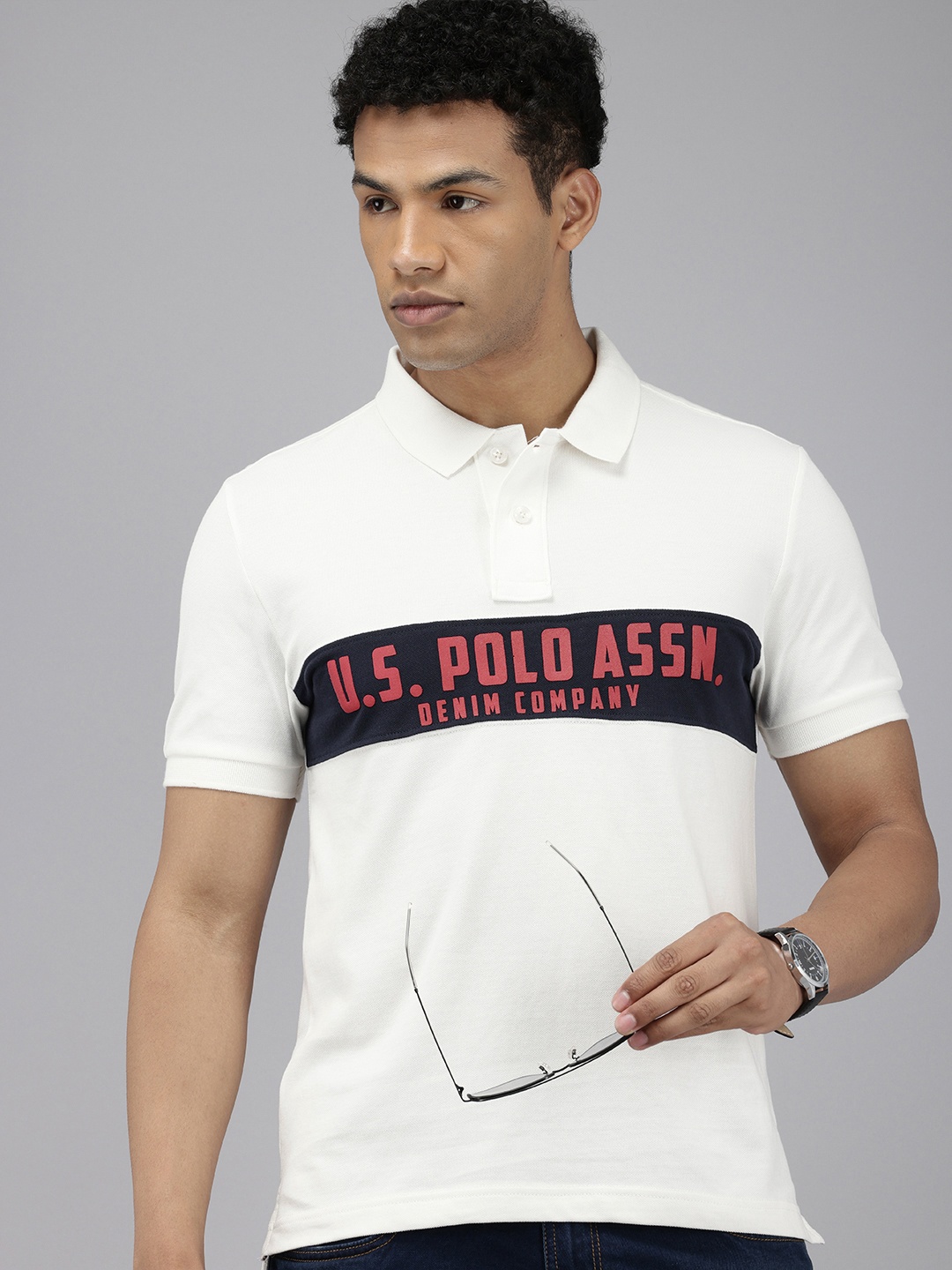 

U.S. Polo Assn. Denim Co. Brand Logo Printed Polo Collar Pure Cotton Slim Fit T-shirt, White