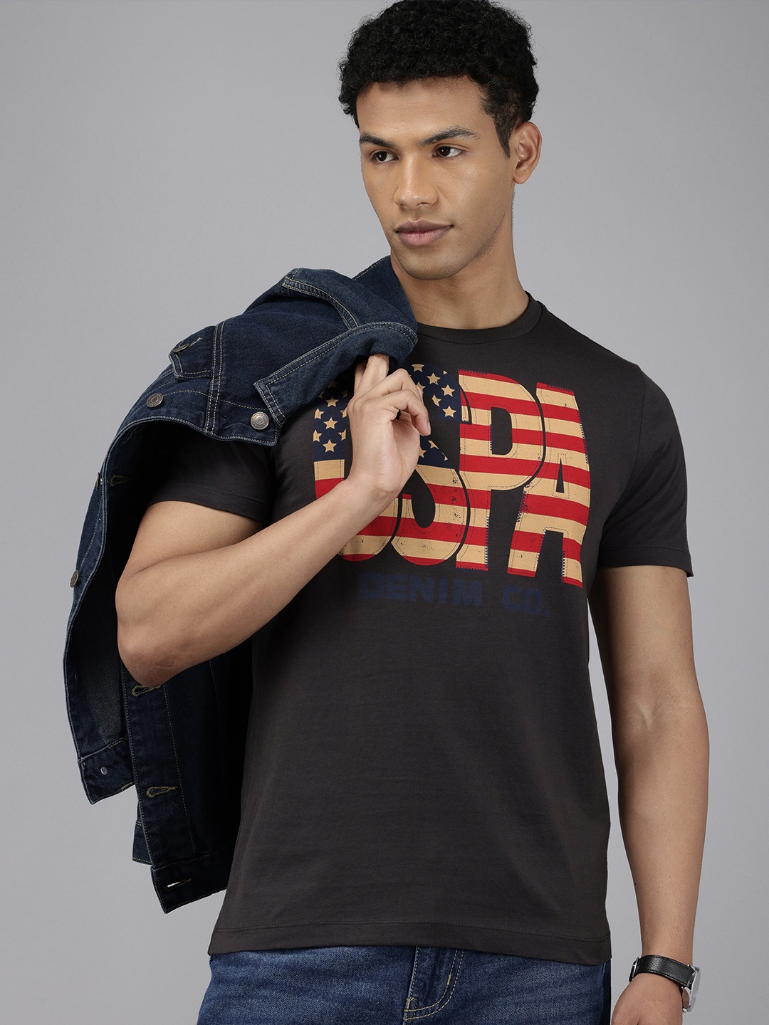 

U.S. Polo Assn. Denim Co. Brand Logo Printed Pure Cotton Slim Fit T-shirt, Grey