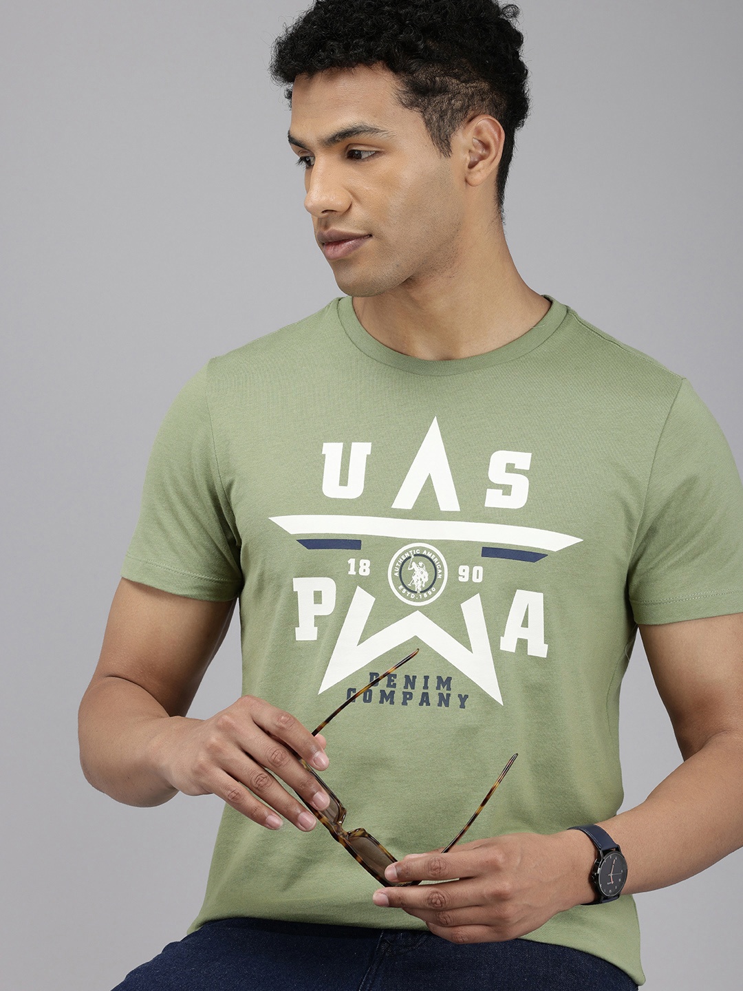 

U.S. Polo Assn. Denim Co. Pure Cotton Brand Logo Printed Slim Fit T-shirt, Green