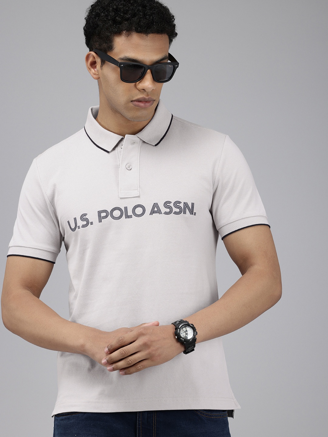 

U.S. Polo Assn. Denim Co. Brand Logo Printed Polo Collar Pure Cotton Slim Fit T-shirt, Grey