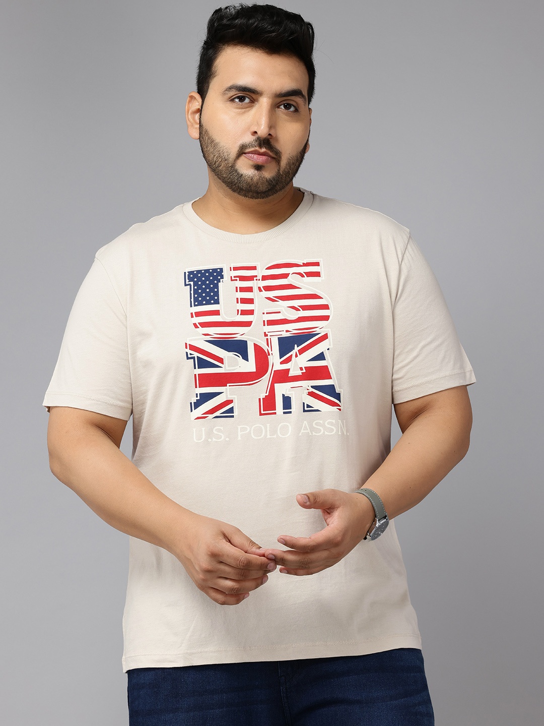 

U.S. Polo Assn. Denim Co. Plus Size Brand Logo Print Pure Cotton Slim Fit T-shirt, Beige