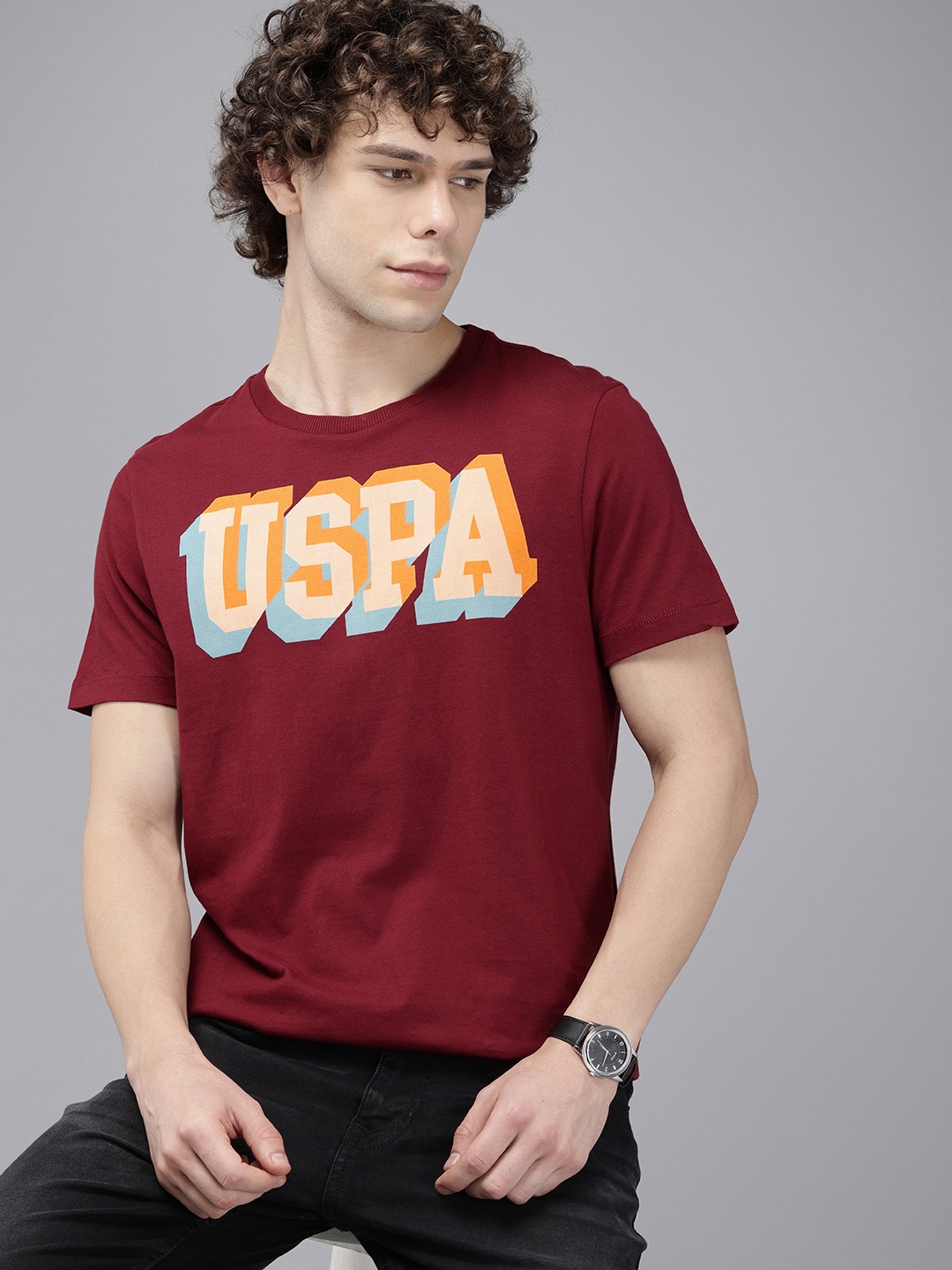 

U.S. Polo Assn. Denim Co. Brand Logo Printed Pure Cotton Slim Fit T-shirt, Maroon