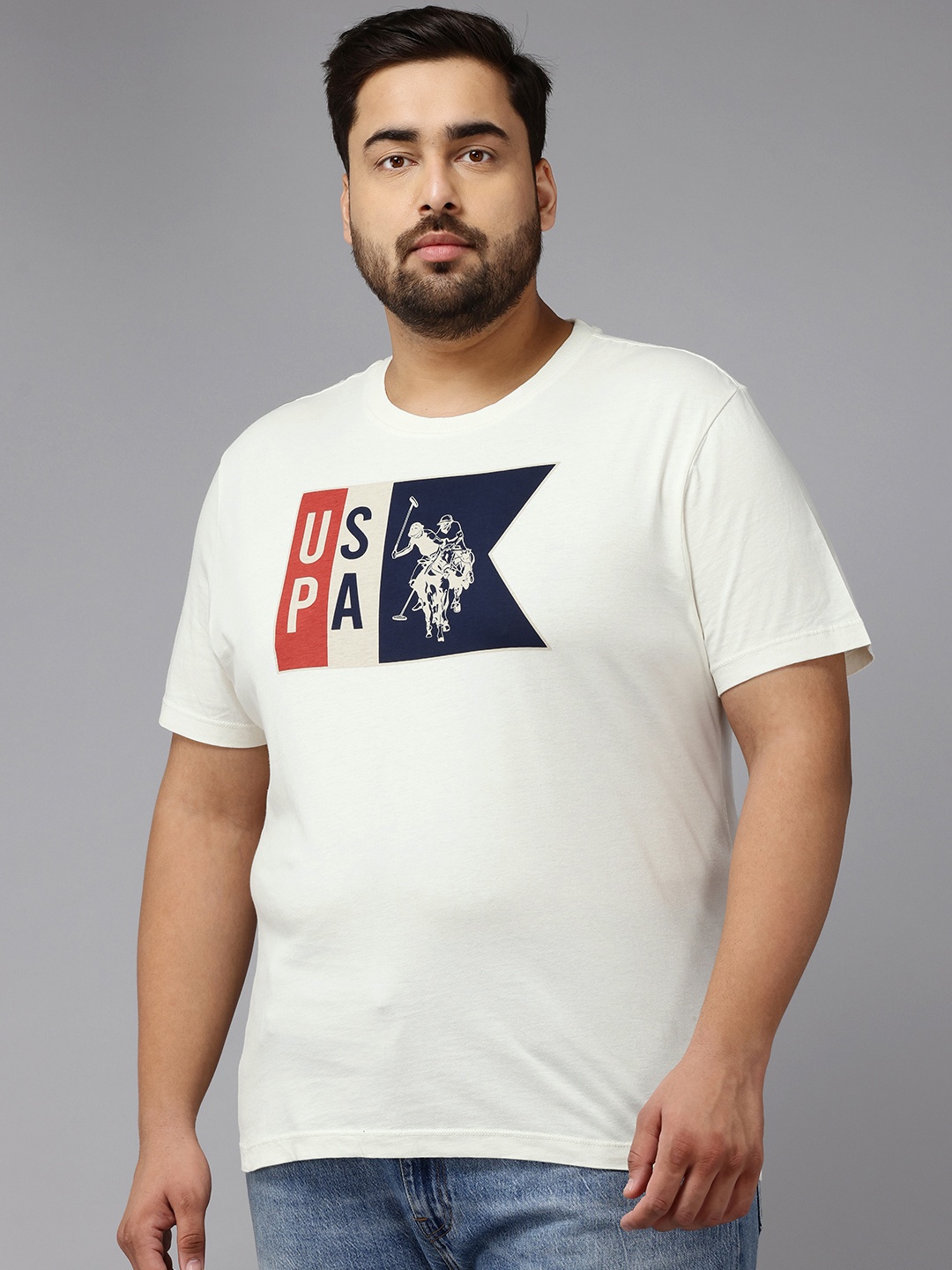 

U.S. Polo Assn. Denim Co. Plus Size Printed Slim Fit Pure Cotton T-shirt, Cream