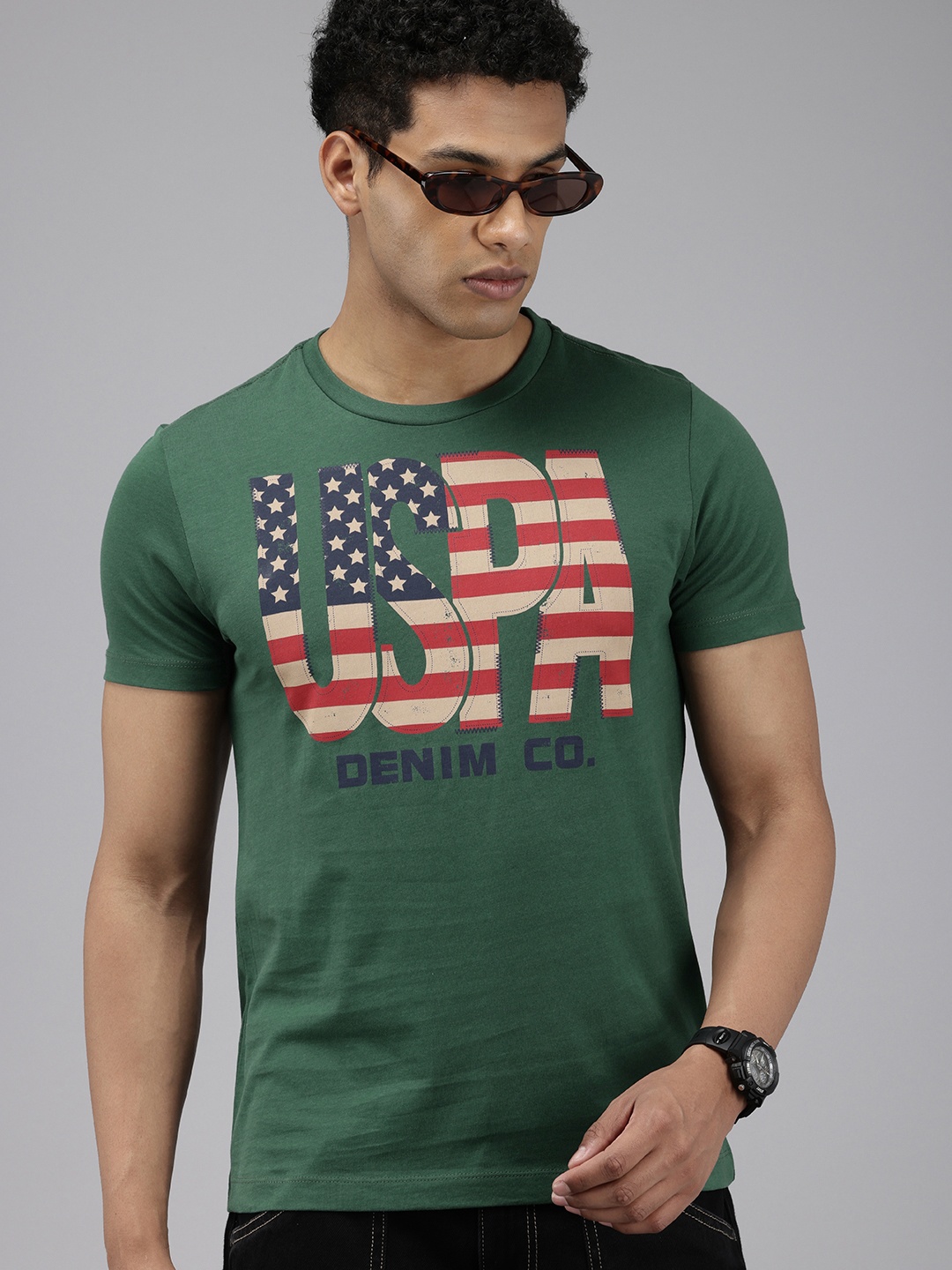 

U.S. Polo Assn. Denim Co. Pure Cotton Brand Logo Printed Slim Fit T-shirt, Green