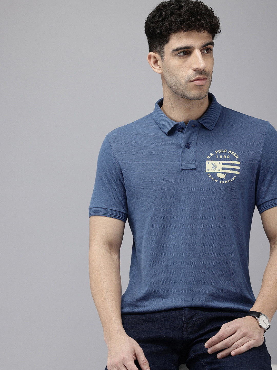 

U.S. Polo Assn. Denim Co. Pure Cotton Brand Logo Printed Polo Collar Slim Fit T-shirt, Blue