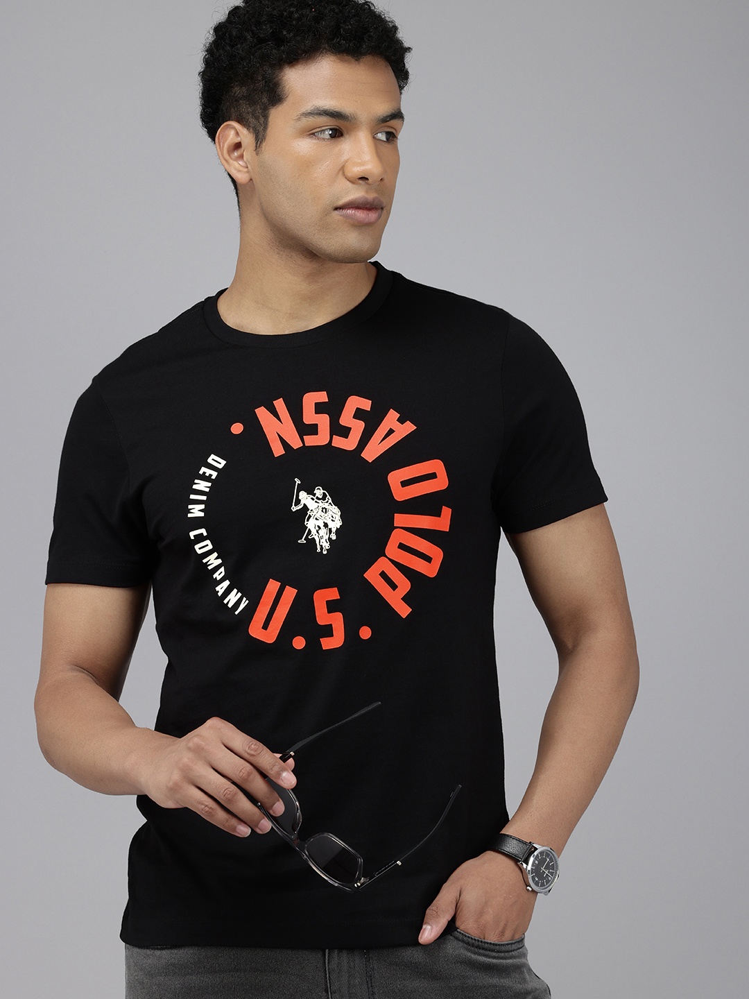 

U.S. Polo Assn. Denim Co. Pure Cotton Brand Logo Printed Slim Fit T-shirt, Black