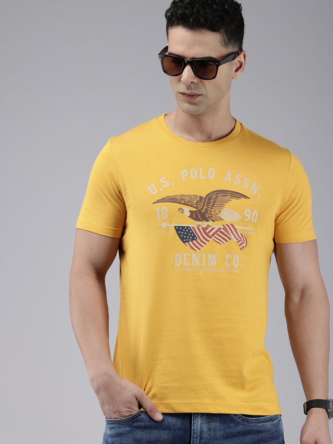 

U.S. Polo Assn. Denim Co. Pure Cotton Brand Logo Printed Slim Fit T-shirt, Mustard