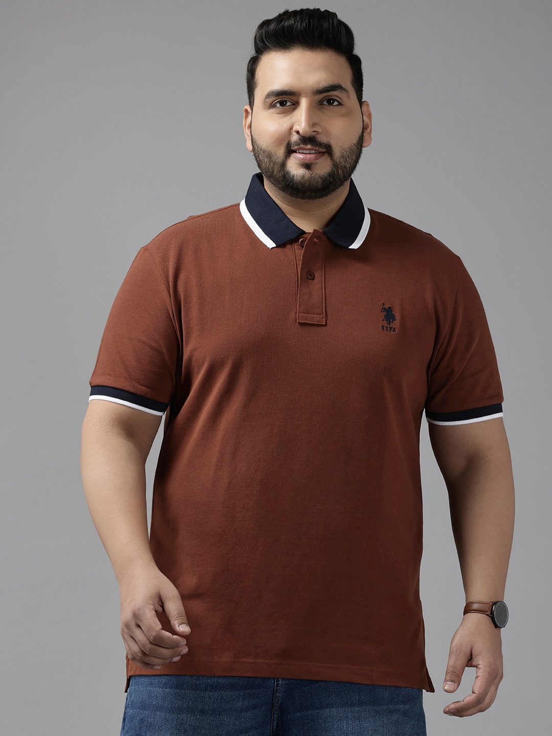 

U.S. Polo Assn. Plus Size Polo Collar Pure Cotton T-shirt, Brown