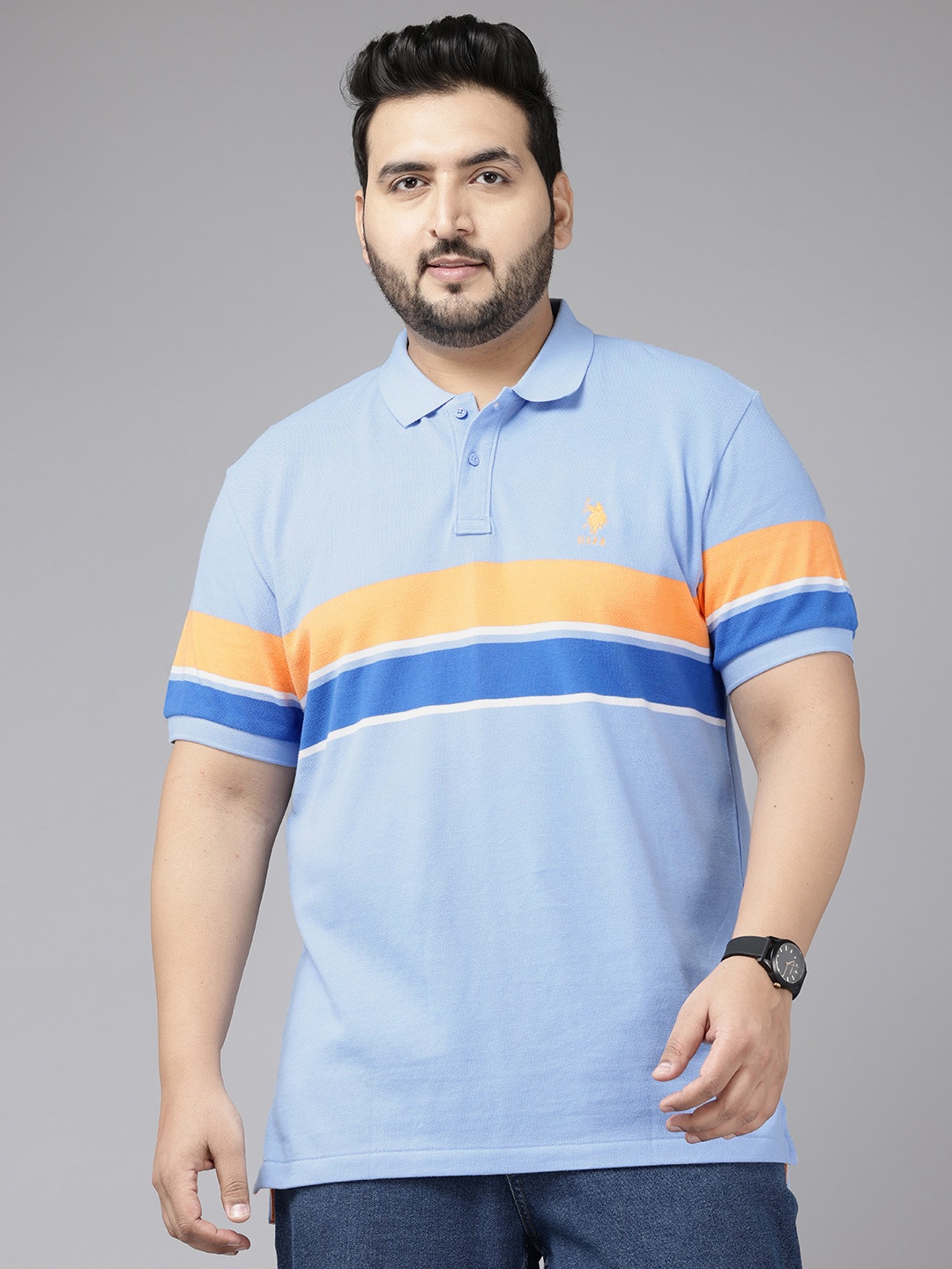 

U.S. Polo Assn. Plus Size Pure Cotton Striped Polo Collar Slim Fit T-shirt, Blue