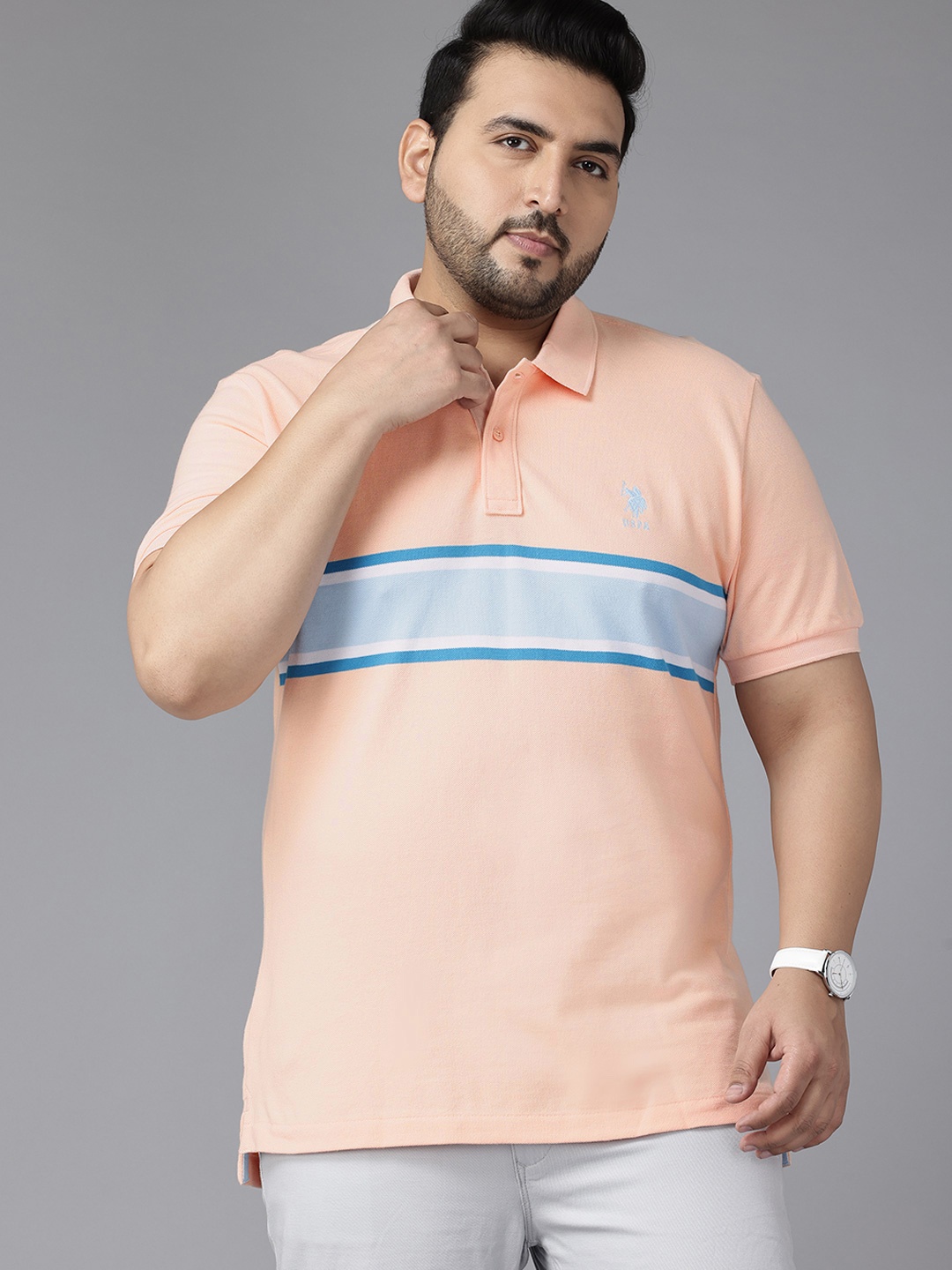 

U.S. Polo Assn. Plus Size Striped Polo Collar Pure Cotton T-shirt, Peach