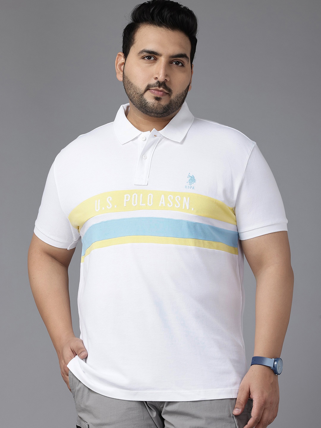 

U.S. Polo Assn. Plus Size Striped Polo Collar Pure Cotton T-shirt, White