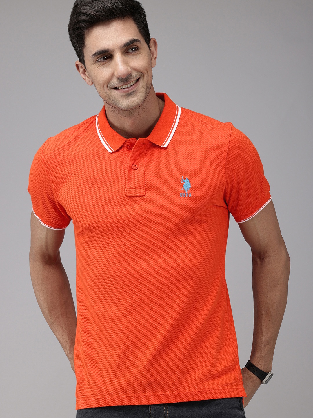 

U.S. Polo Assn. Self Design Polo Collar Pure Cotton Slim Fit T-shirt, Orange