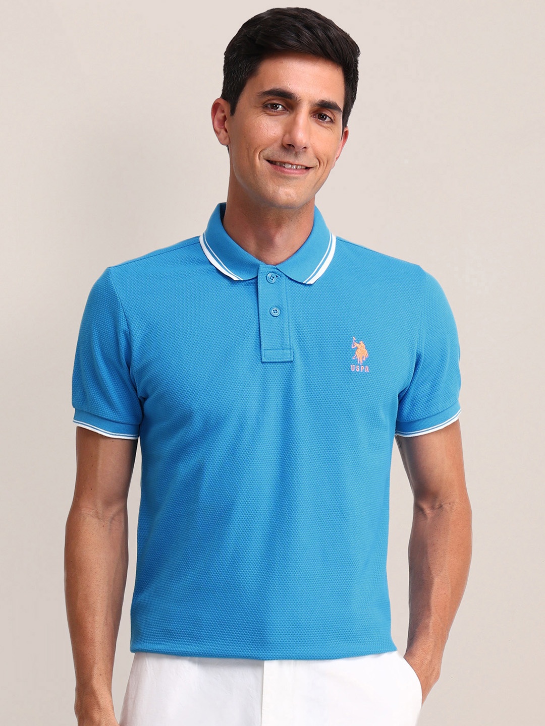 

U.S. Polo Assn. Polo Collar Self Design Pure Cotton Slim Fit T-shirt, Blue