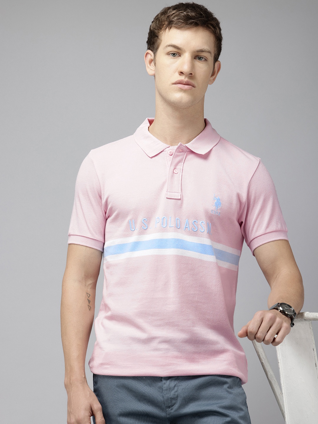 

U.S. Polo Assn. Striped Polo Collar Embroidered Detail Pure Cotton Slim Fit T-shirt, Pink