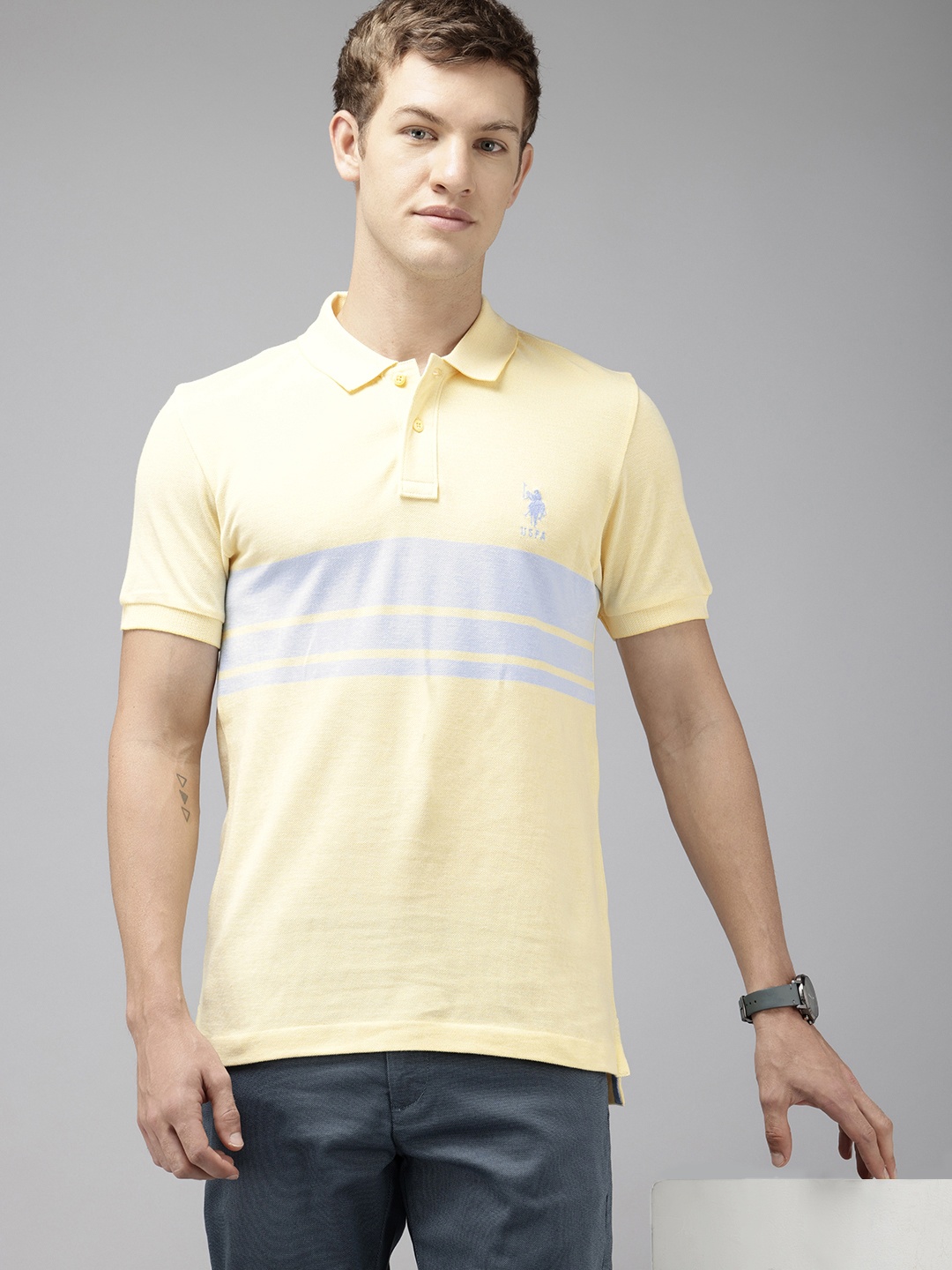 

U.S. Polo Assn. Striped Polo Collar Pure Cotton Slim Fit T-shirt, Yellow