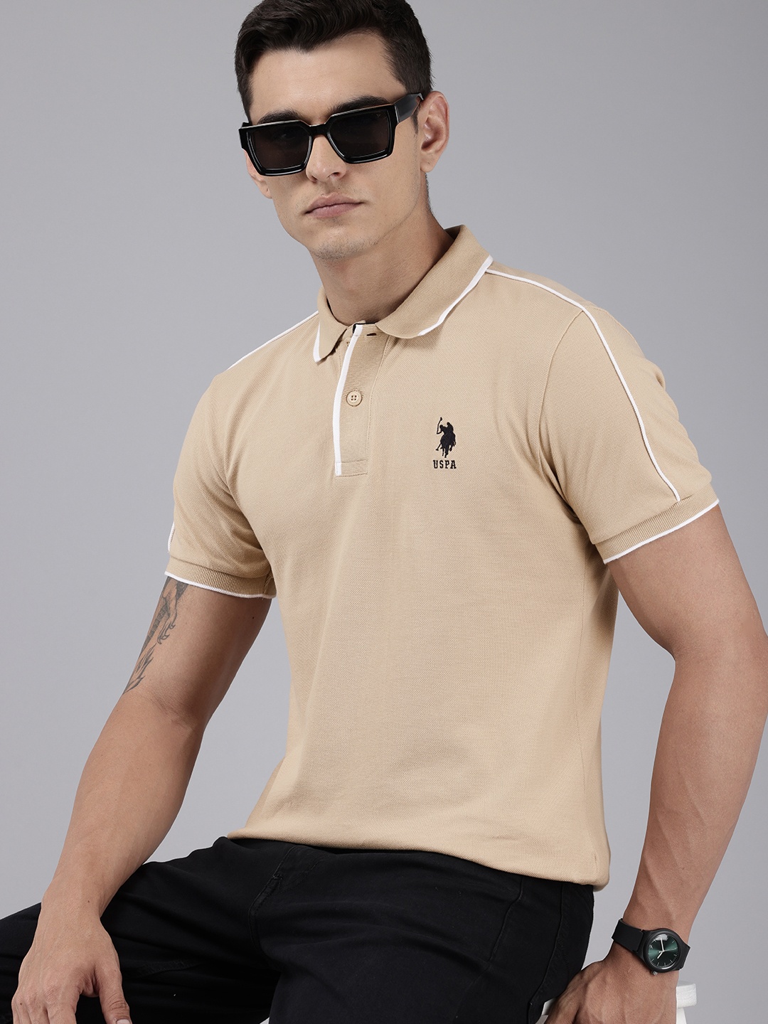

U.S. Polo Assn. Polo Collar Pure Cotton Slim Fit T-shirt, Beige