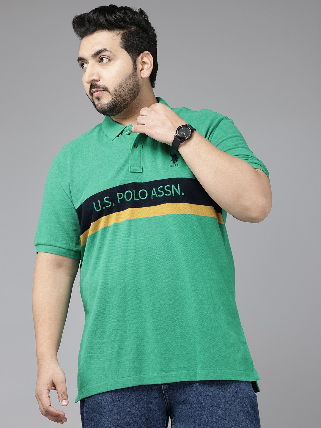

U.S. Polo Assn. Plus Size Brand Logo Striped Pure Cotton Polo Collar T-shirt, Green