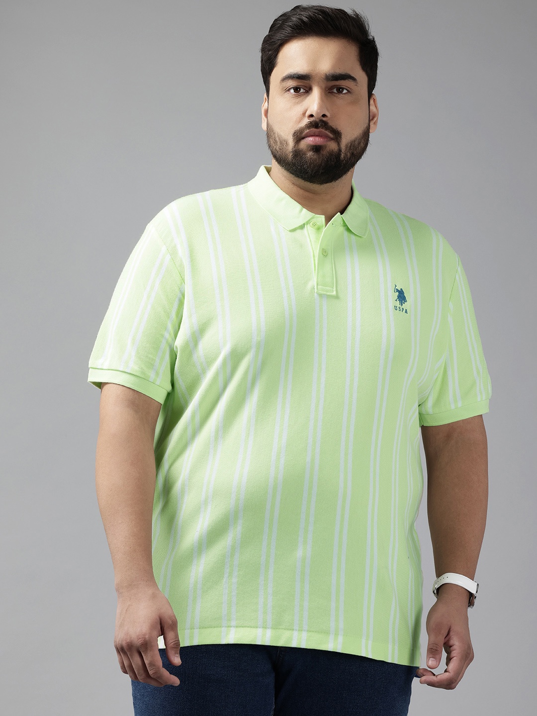 

U.S. Polo Assn. Plus Size Striped Polo Collar Pure Cotton Slim Fit T-shirt, Green