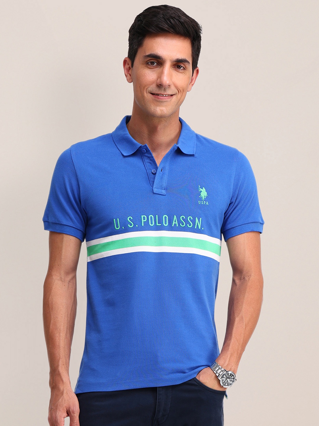 

U.S. Polo Assn. Striped Polo Collar Pure Cotton Slim Fit T-shirt, Blue