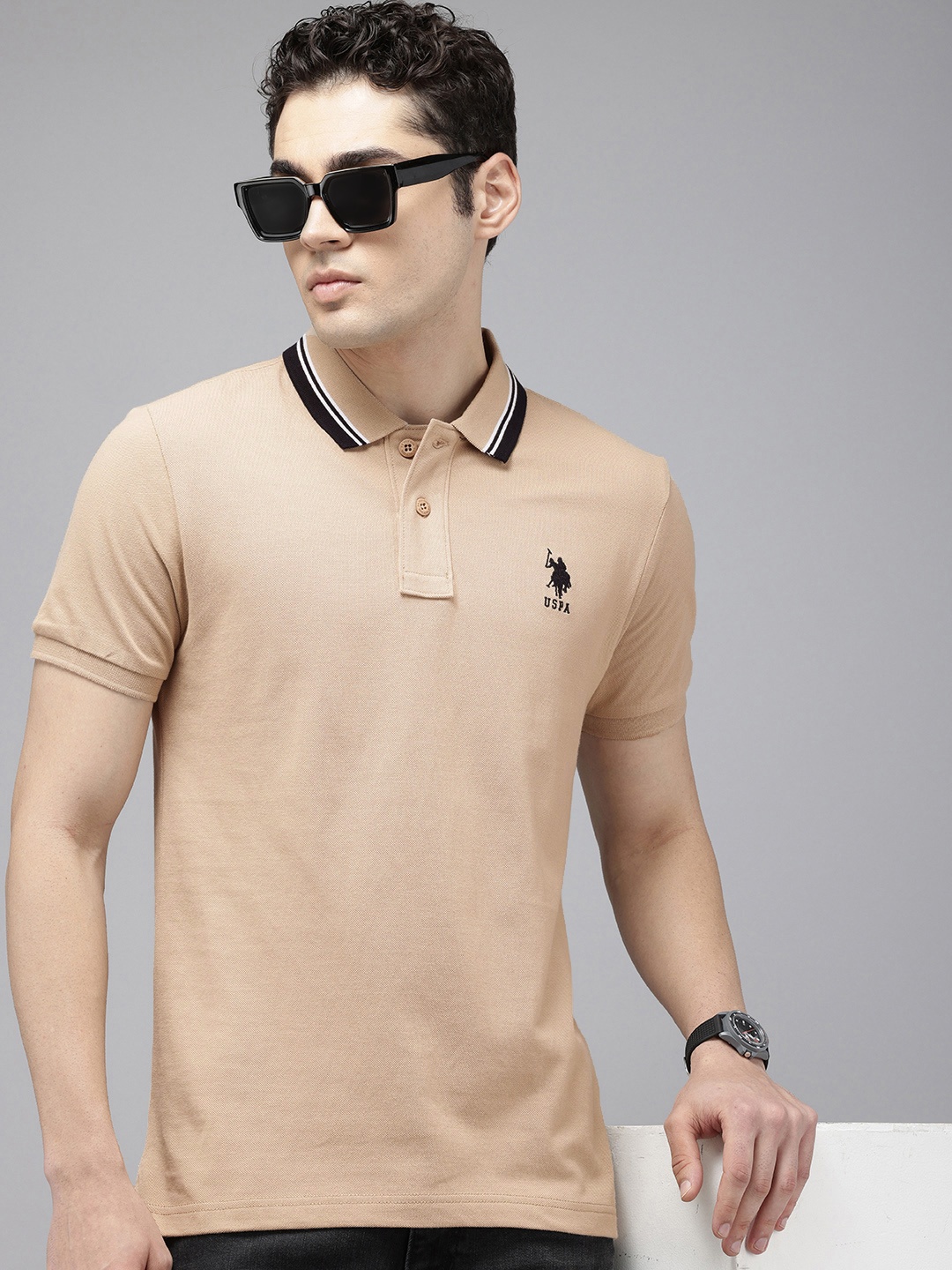 U.S. Polo Assn. Polo Collar Pure Cotton Slim Fit T-shirt, Beige