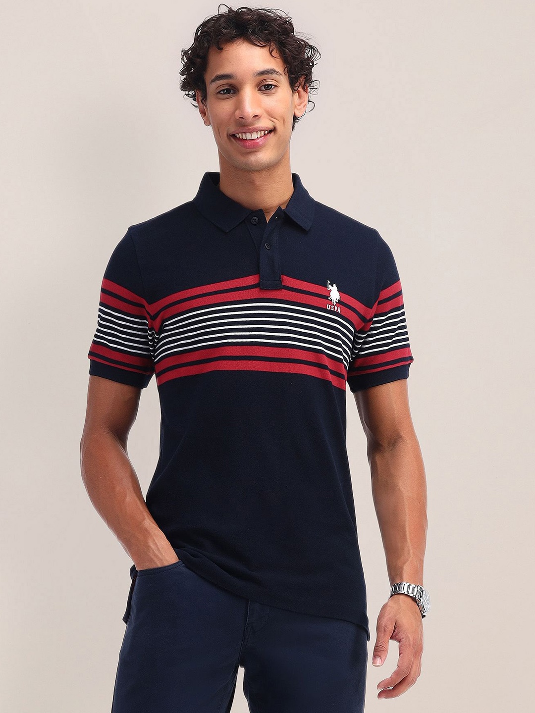 

U.S. Polo Assn. Striped Polo Collar Pure Cotton Slim Fit T-shirt, Navy blue