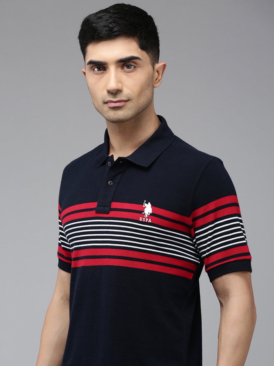 

U.S. Polo Assn. Striped Slim Fit Pure Cotton Polo Collar T-shirt, Navy blue