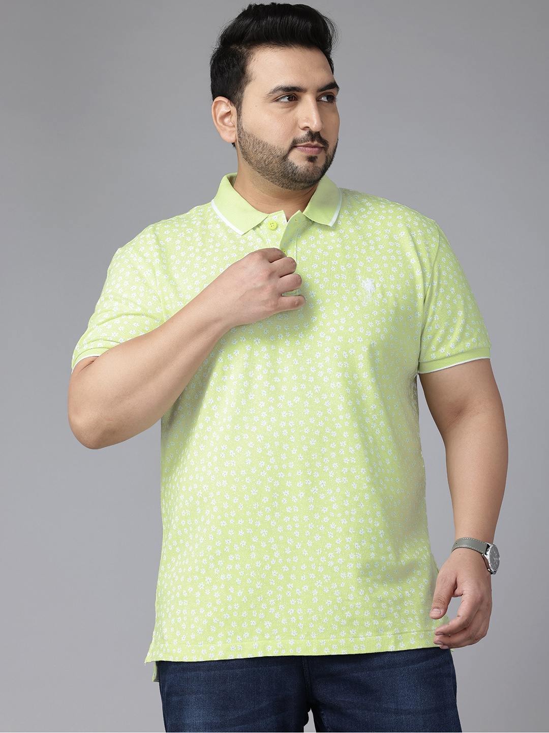 

U.S. Polo Assn. Plus Size Floral Printed Polo Collar Pure Cotton T-shirt, Green