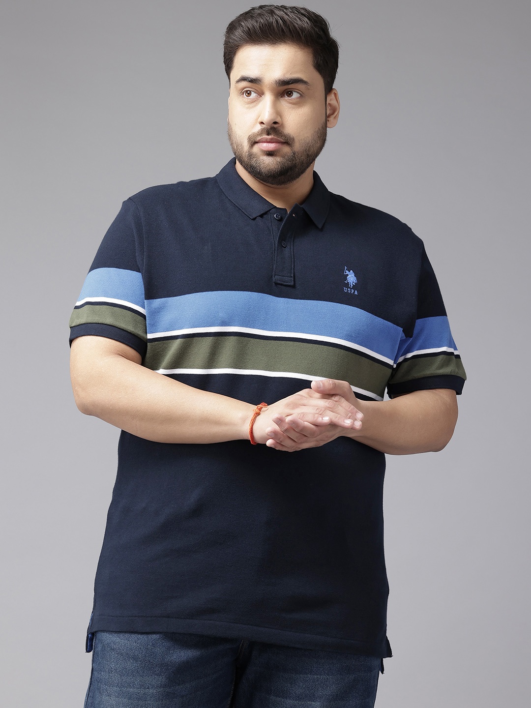 

U.S. Polo Assn. Plus Size Striped Pure Cotton Polo Collar T-shirt, Navy blue