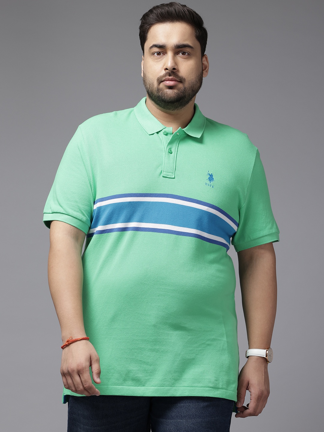 

U.S. Polo Assn. Plus Size Striped Pure Cotton Polo Collar T-shirt, Green