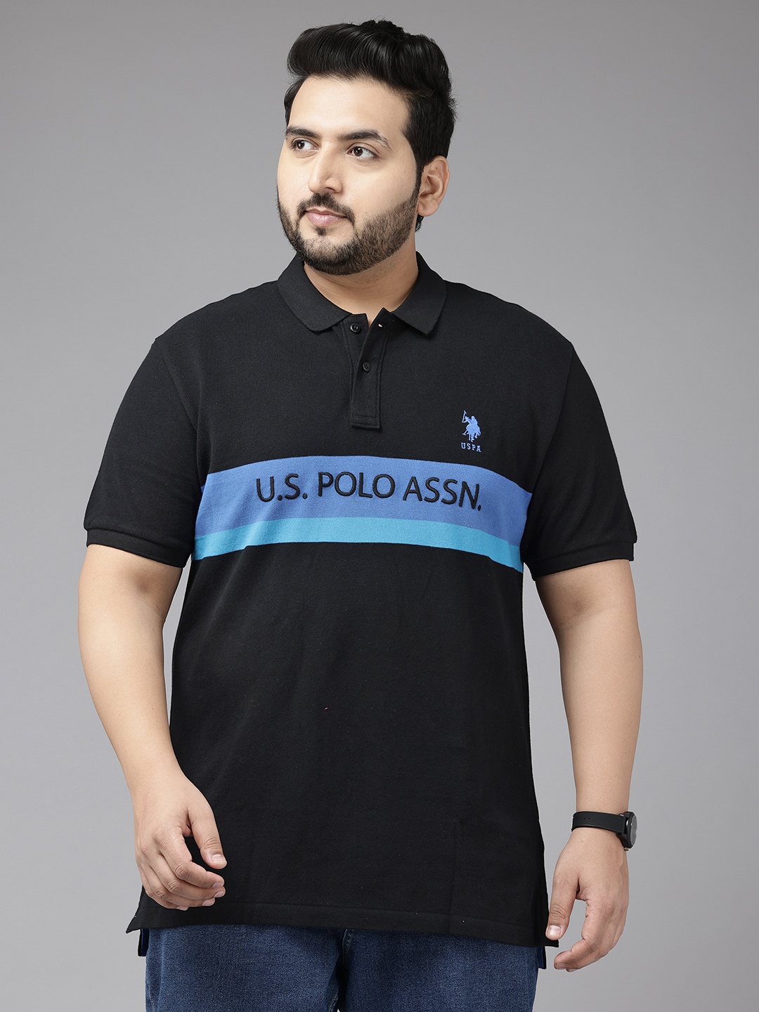 

U.S. Polo Assn. Striped Polo Collar Pure Cotton T-shirt, Black