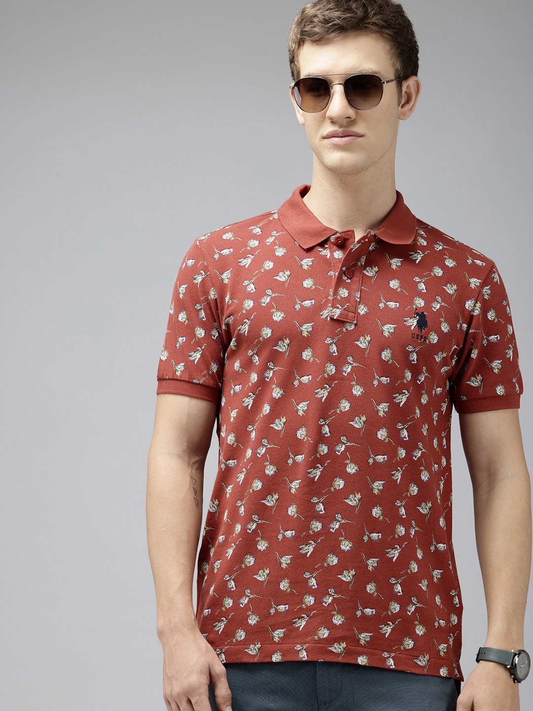 

U.S. Polo Assn. Floral Printed Polo Collar Pure Cotton Slim Fit T-shirt, Rust