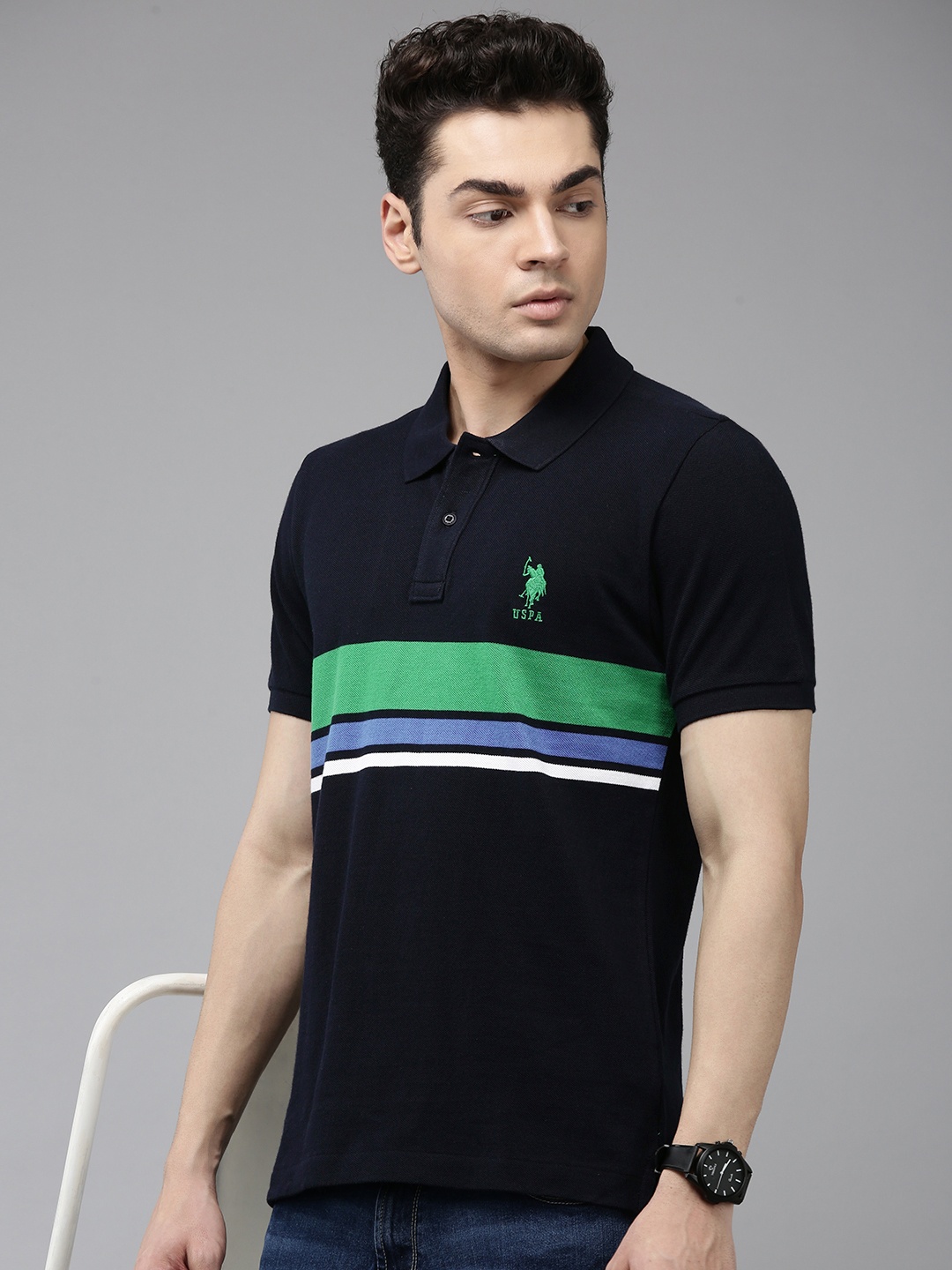 

U.S. Polo Assn. Pure Cotton Striped Polo Collar Slim Fit T-shirt, Navy blue