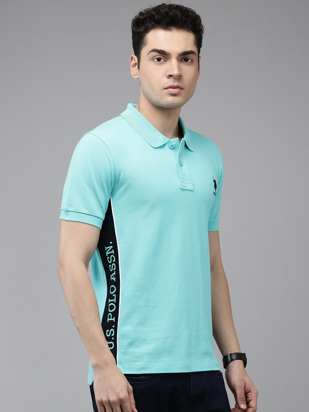 

U.S. Polo Assn. Brand Logo Embroidered Polo Collar Pure Cotton Slim Fit T-shirt, Blue