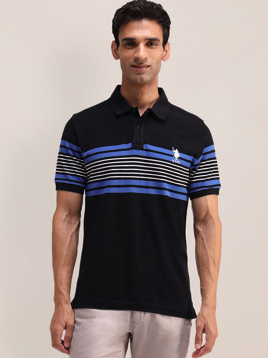 

U.S. Polo Assn. Polo Collar Striped Pure Cotton Slim Fit T-shirt, Black