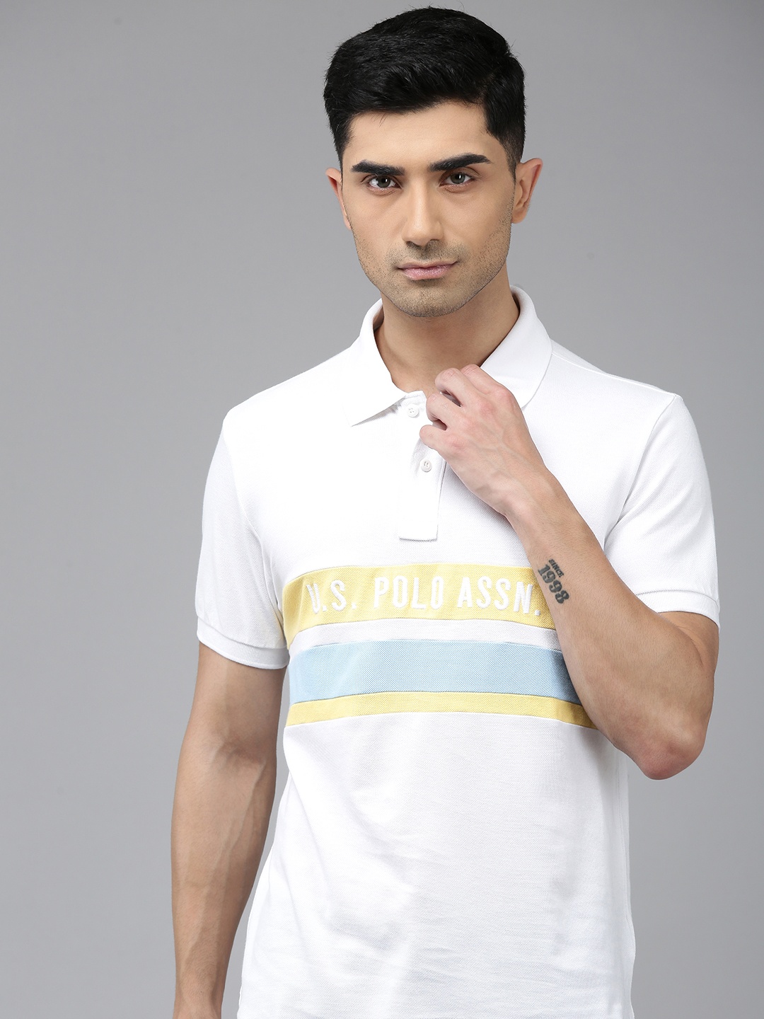 

U.S. Polo Assn. Striped Slim Fit Pure Cotton Polo Collar T-shirt, White