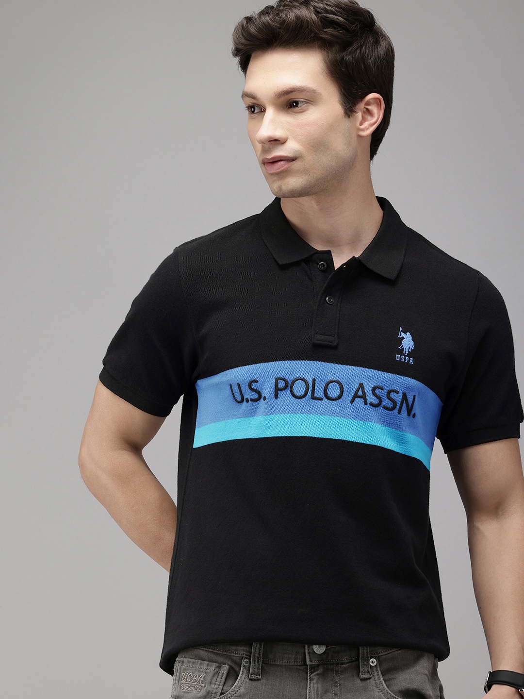 

U.S. Polo Assn. Striped Brand Logo Embroidered Polo Collar Pure Cotton Slim Fit T-shirt, Black