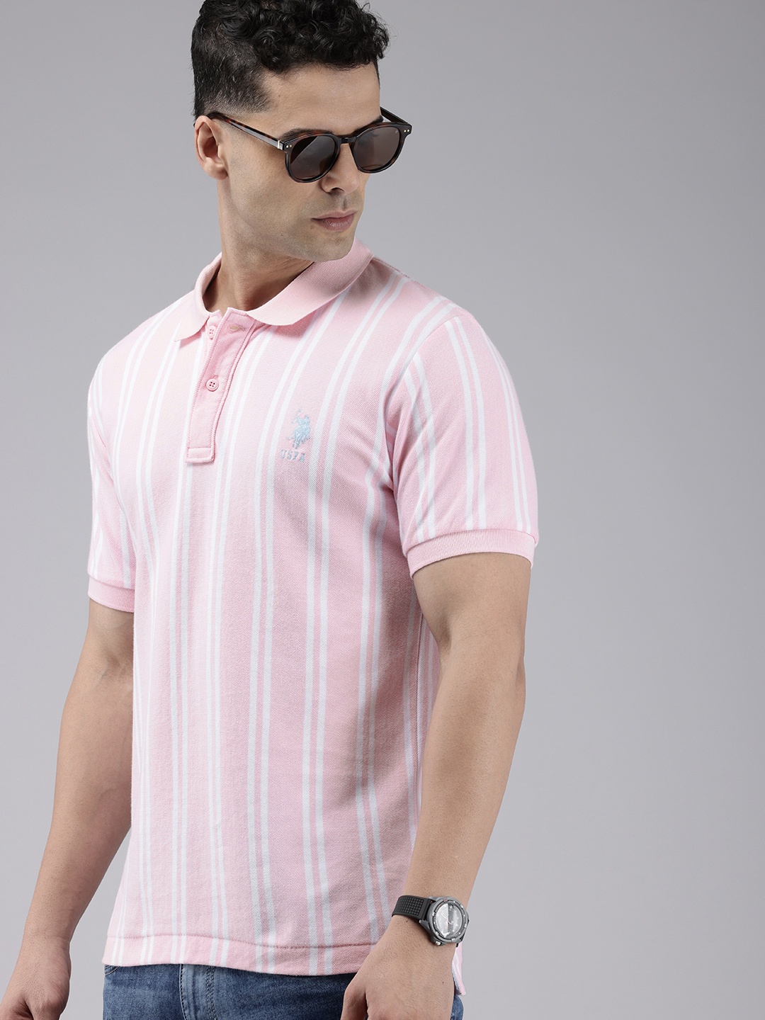 

U.S. Polo Assn. Striped Polo Collar Pure Cotton Slim Fit T-shirt, Pink