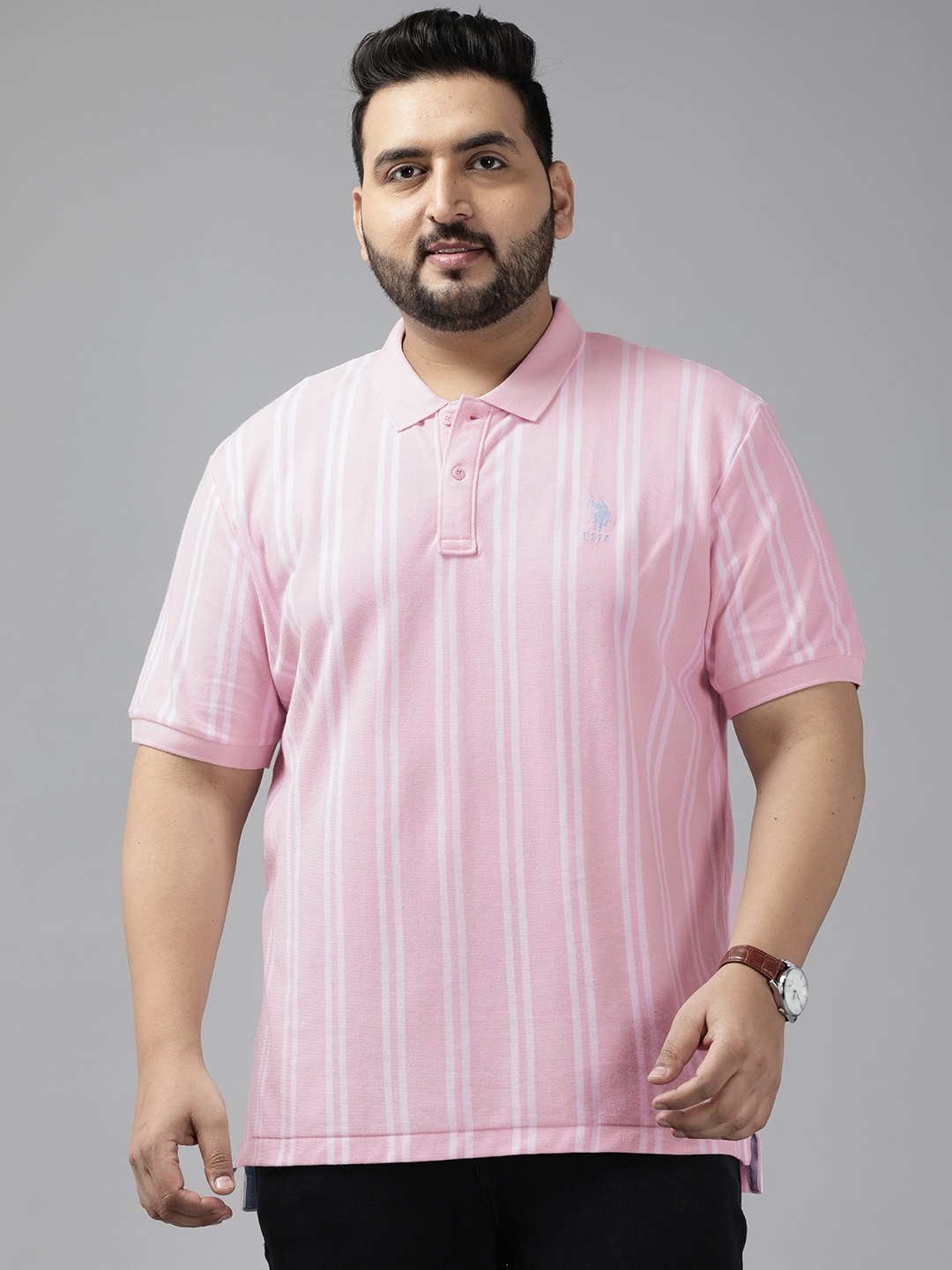 

U.S. Polo Assn. Plus Size Striped Polo Collar Pure Cotton Slim Fit T-shirt, Pink