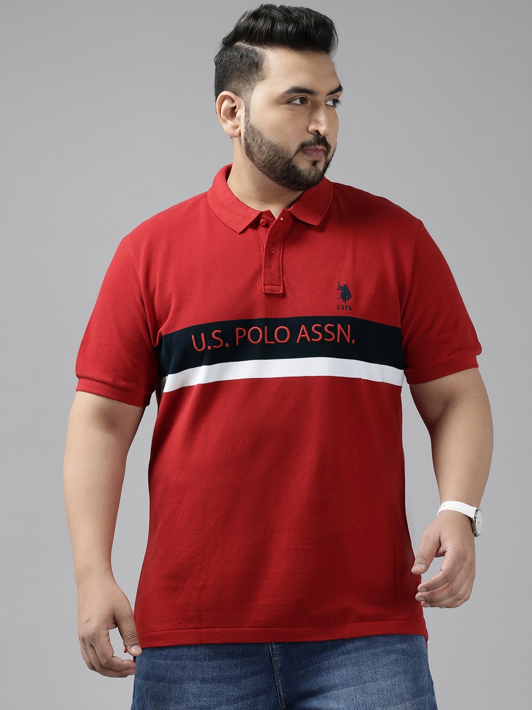 

U.S. Polo Assn. Plus Size Polo Collar Striped Pure Cotton T-shirt, Red