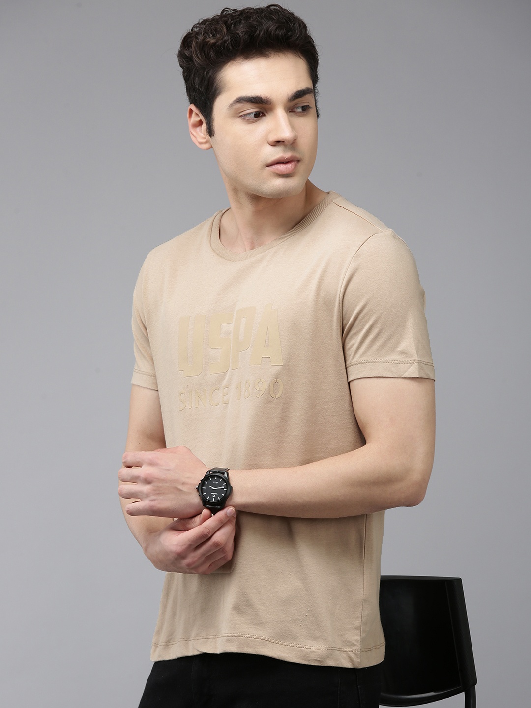 

U.S. Polo Assn. Pure Cotton Brand Logo Printed Slim Fit T-shirt, Beige