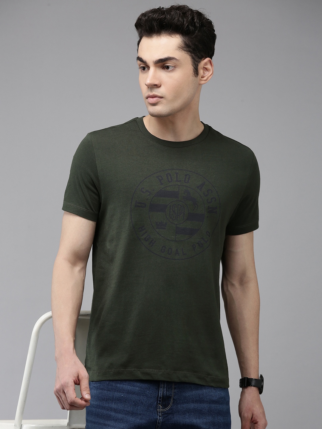 U.S. Polo Assn. Brand Logo Printed Pure Cotton Slim Fit T-shirt, Olive
