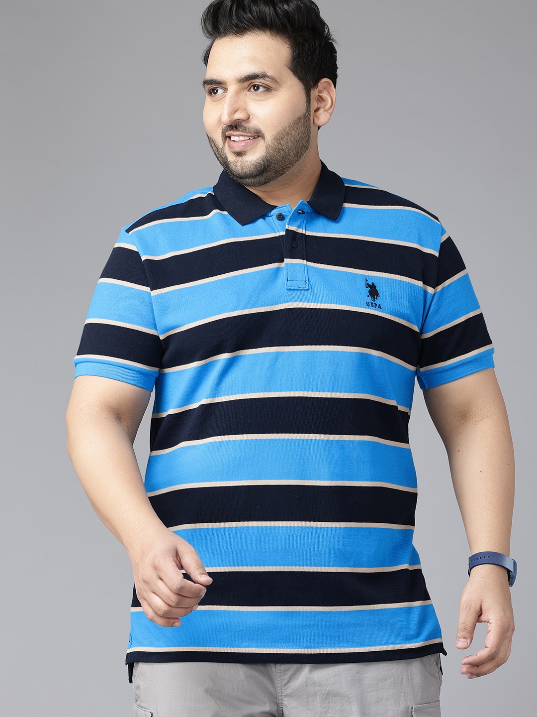

U.S. Polo Assn. Plus Size Striped Polo Collar Pure Cotton T-shirt, Blue