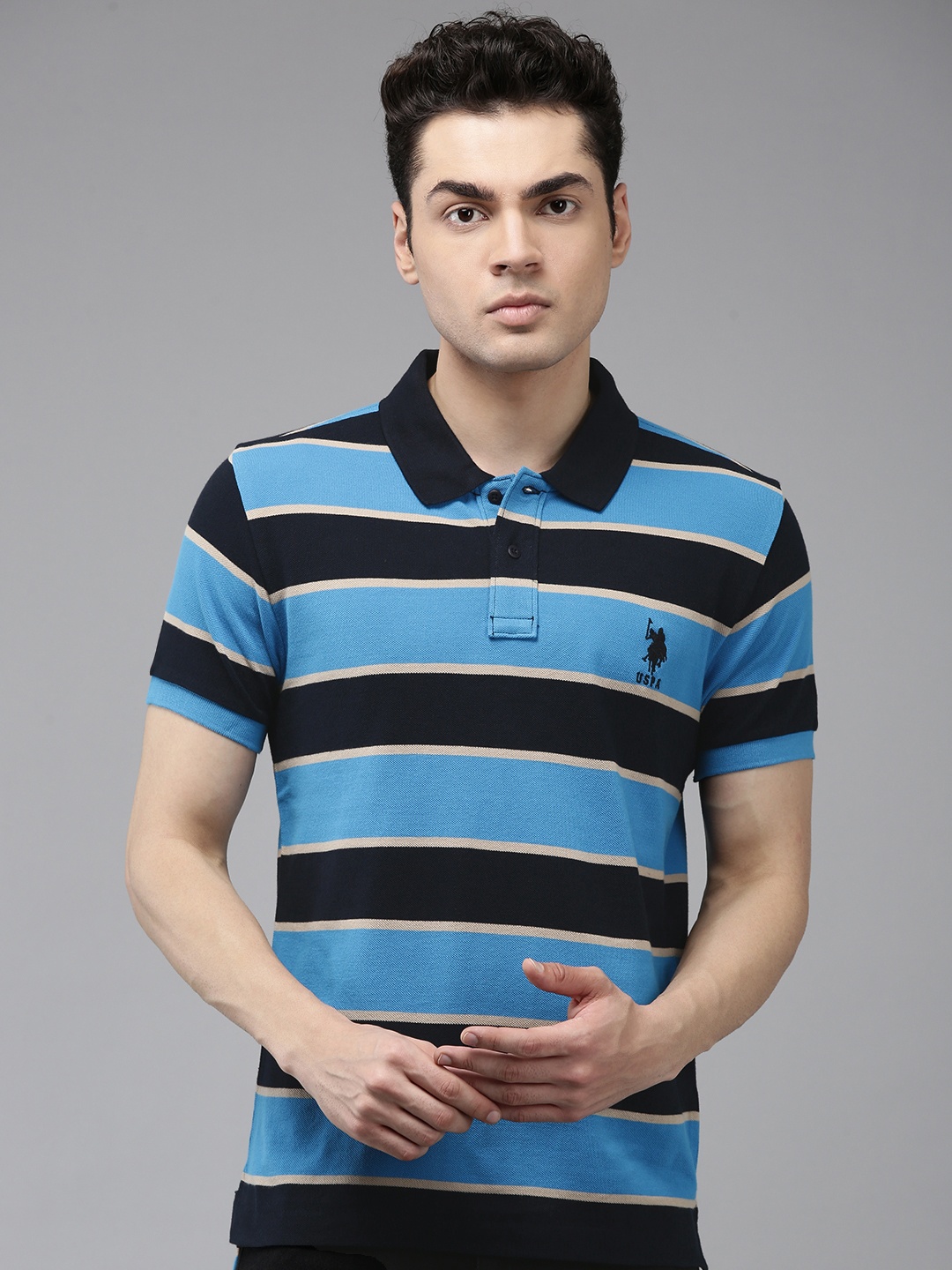 

U.S. Polo Assn. Striped Polo Collar Pure Cotton Slim Fit T-shirt, Blue